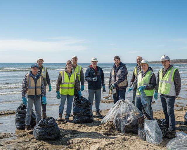 Volunteer team standing near the West Haven shoreline during a coastal cleanup day