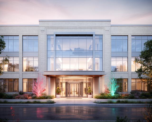 Modern office exterior in West Haven with evening reflections and welcoming entryway