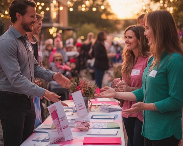 Community sponsorship table at a West Haven business event with branded materials and warm evening light