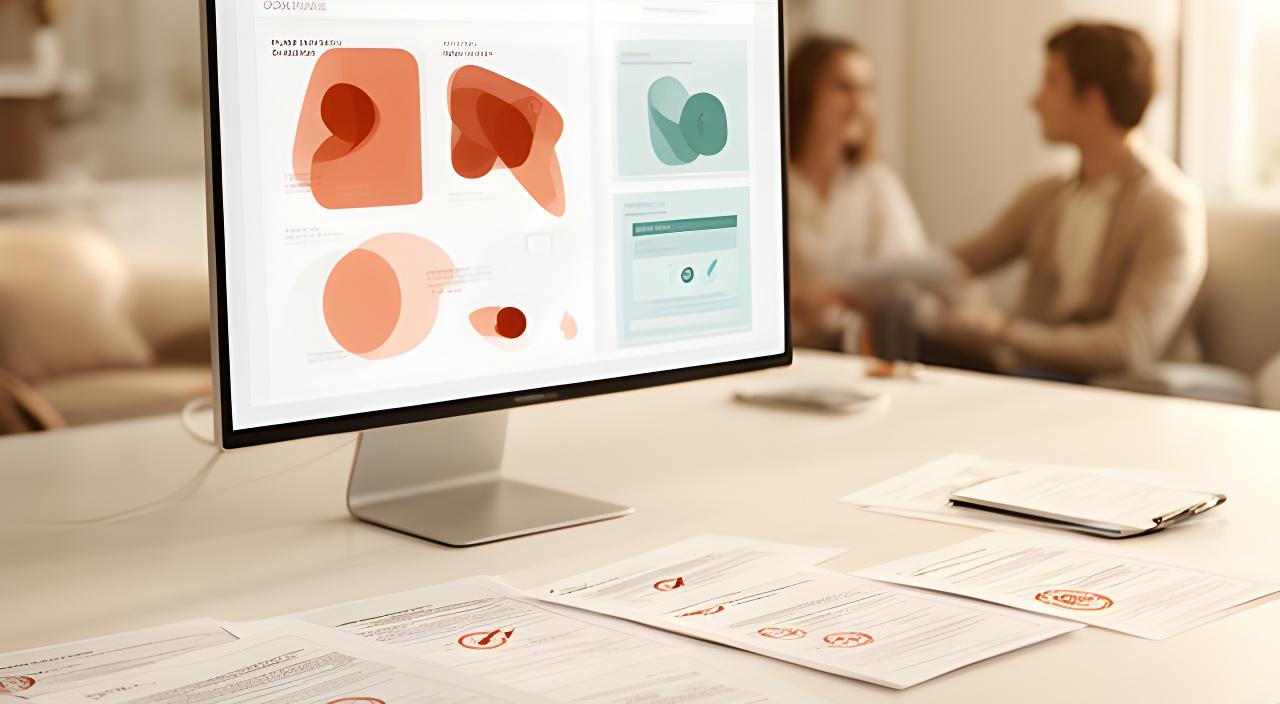 A modern office desk with a document workflow dashboard, signed pages, and a calm client consultation setting