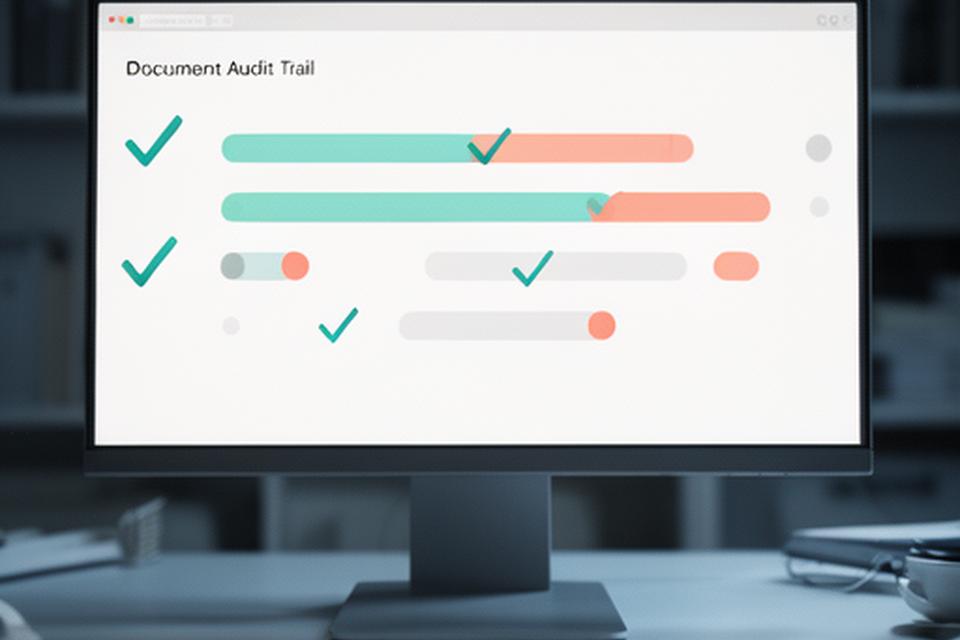 Completed document audit trail displayed on a monitor with timestamps and completion markers