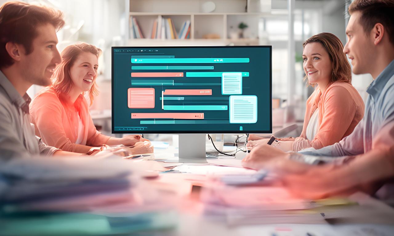 Operations team reviewing an online signing dashboard in a bright modern office with a document timeline on screen