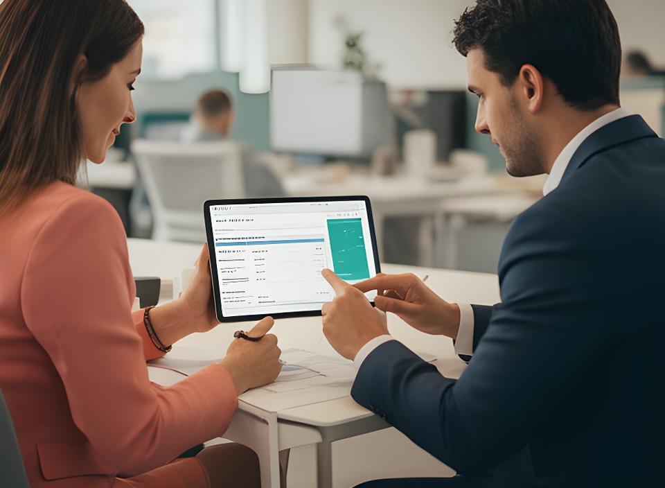 Financial advisor reviewing a digital loan package on a tablet in a modern office with a client seated beside them