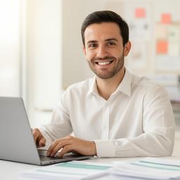 Mortgage broker smiling in a bright office with a laptop open beside closing documents