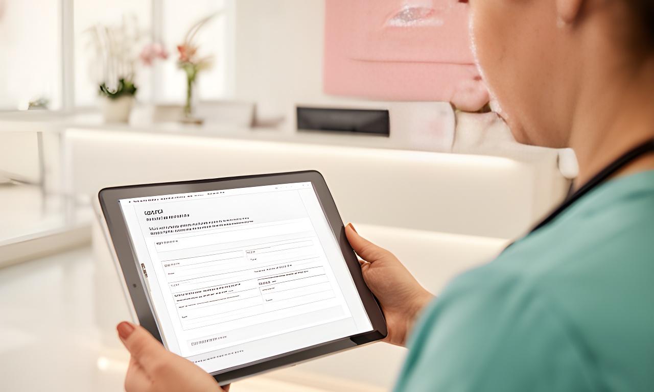 Healthcare staff member showing a tablet consent form in a bright clinic reception area