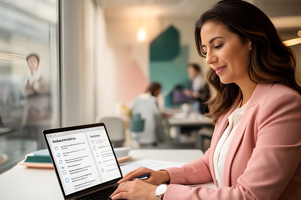 HR specialist reviewing a digital onboarding checklist beside a laptop in a modern office