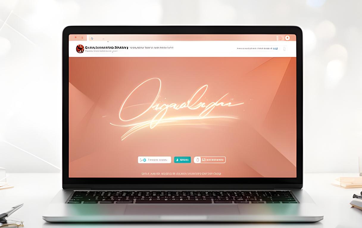 A modern document signing interface displayed on a laptop with a glowing signature line and upload controls in a bright workspace