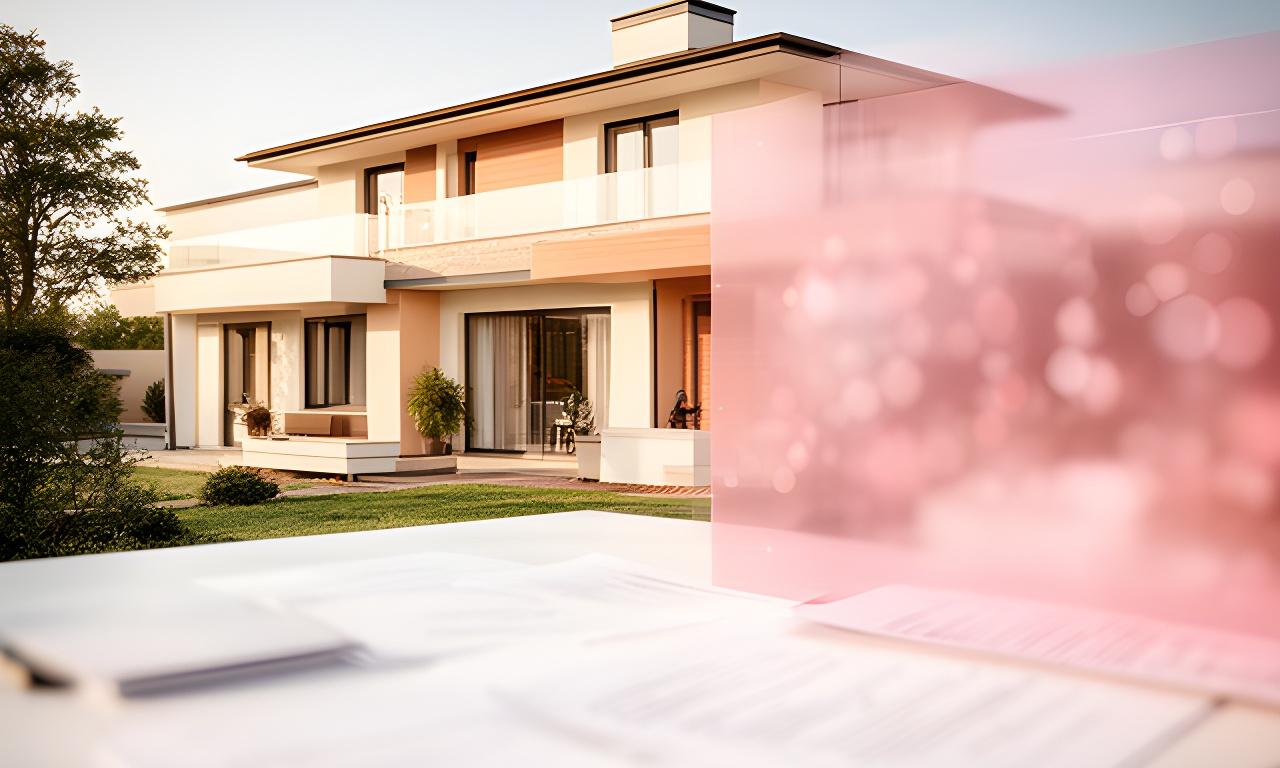 Modern home exterior with a signing interface overlay and closing paperwork on a bright desk