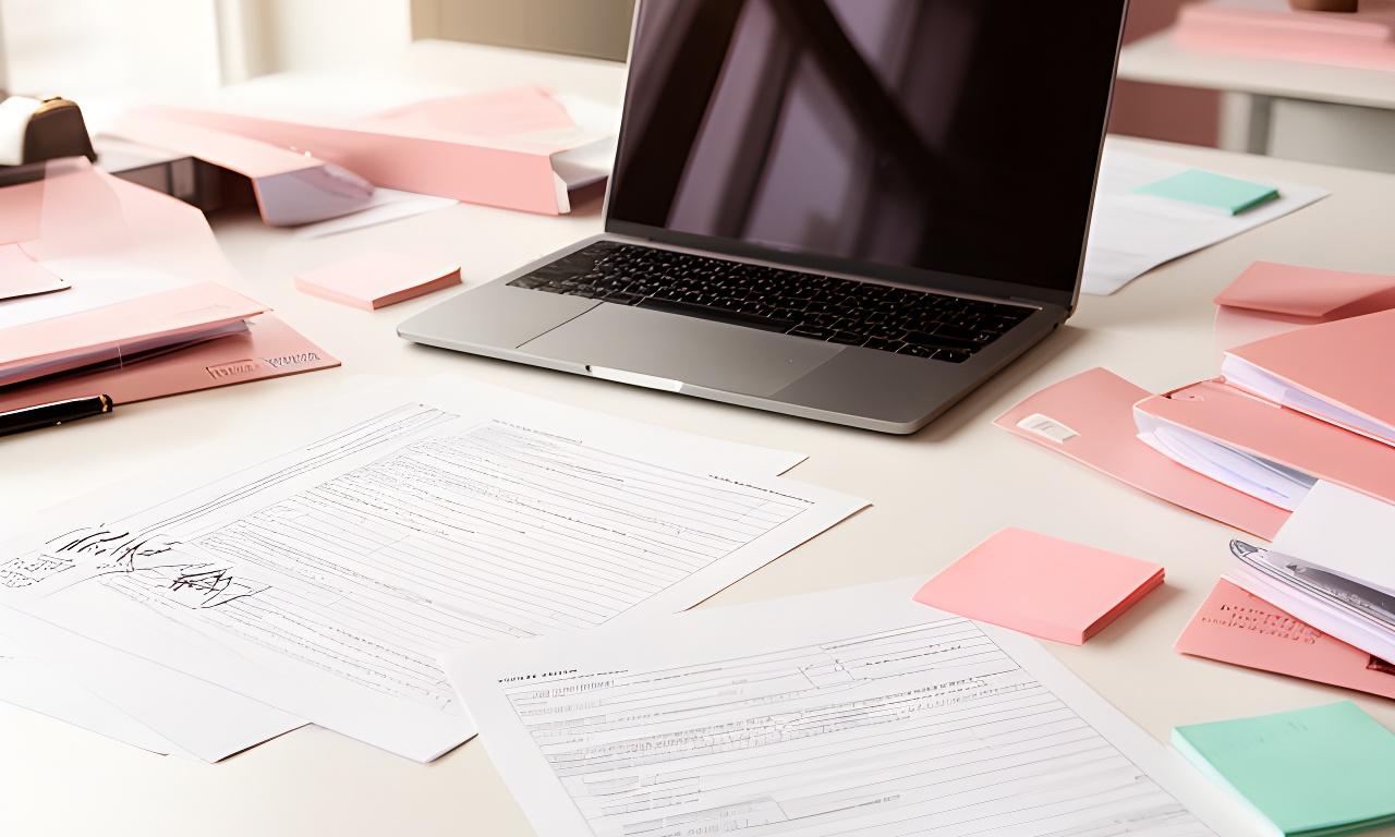 A modern legal document review scene on a bright desk with signed pages, a laptop, and organised workflow notes