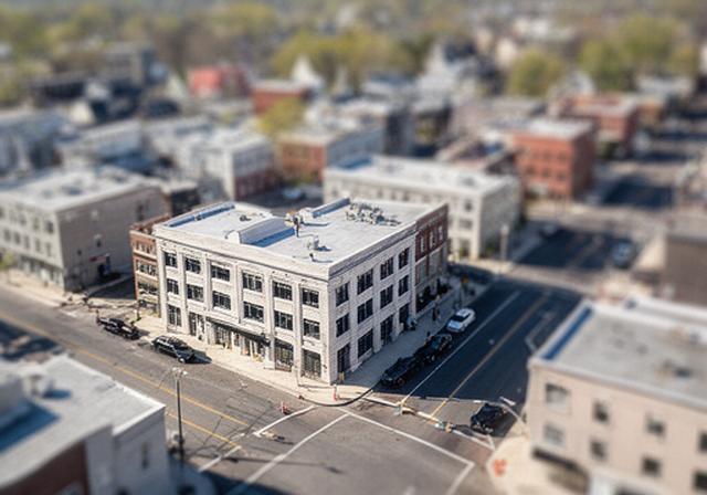 Aerial style view of a small office district in West Haven Connecticut with a professional business frontage and nearby streets